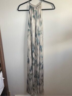 H&M Flowy Satin Neutral Maxi Dress with Blue-Green Watercolor Print